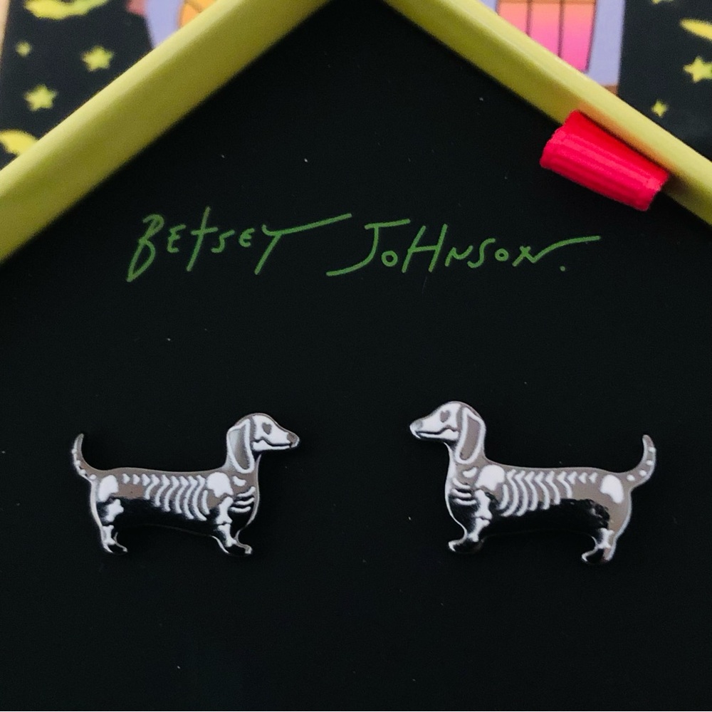 Authentic Betsey Johnson Earrings: Skeleton Dachshund Dogs, Machine Gun Stud NWT